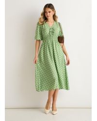 Gini London - Sage Spot Print Shirred Waist Shift Midi Dress - Lyst