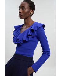 Karen Millen - Compact Wool Look Ruffle V Neck Knit Top - Lyst