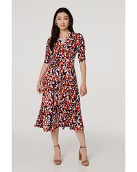 Izabel London - Printed 3/4 Sleeve V-Neck Midi Wrap Dress - Lyst