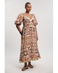 Karen Millen - Plus Size Tile Print Silk Cotton Volume Sleeve Woven Maxi Dress - Lyst