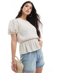 ASOS - Linen Look Peplum Top With Puff Sleeve - Lyst