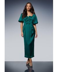 Oasis - Satin Bow Front Puff Sleeve Midi Dress - Lyst