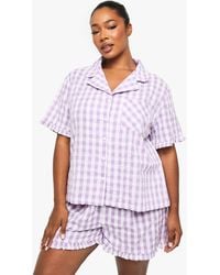 Boohoo - Plus Seersucker Gingham Ruffle Shirt And Trouser Pyjama Set - Lyst