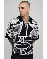 BoohooMAN - Oversized Boxy Abstract Face Graphic Knitted Polo - Lyst