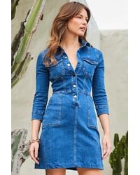 Sosandar - Mid Denim Popper Front Mini Utility Dress - Lyst