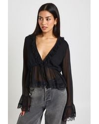 Boohoo - Lace Trim Chiffon Ruffle Blouse - Lyst