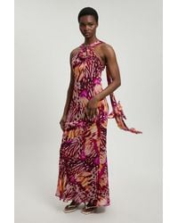 Karen Millen - Viscose Georgette Butterfly Print Rosette Halterneck Maxi Dress - Lyst