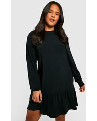 Boohoo - Plus Soft Rib Ruffle Hem Smock Dress - Lyst