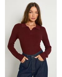 Boohoo - Premium Long Sleeve Collared Rib Knit Top - Lyst