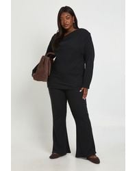 Boohoo - Plus Brushed Rib Ruched Shoulder Detail Top And Wide Leg Trousers - Lyst