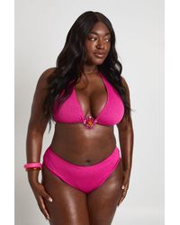 Boohoo - Plus Flower Trim Textured Triangle Bikini Top And High Waist Bottom - Lyst