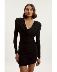 Karen Millen - Stretch Drapey Crepe Ruched Plunge Neck Long Sleeve Mini Dress - Lyst