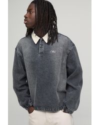 BoohooMAN - Embroidered Washed Oversized Denim Rugby Shirt - Lyst