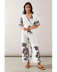 Wallis - Petite Scallop Trim Printed Wrap Wide Leg Jumpsuit - Lyst