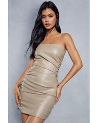 MissPap - Leather Look Ruched Bandeau Bodycon Mini Dress - Lyst