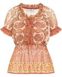 Usha - Blouseshirt Met Ruchemouwen Oranje - Lyst