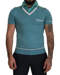Dolce & Gabbana - Blauwe Zijde Polo Top V-Hals T-Shirt - Lyst