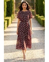 Roman - Polka Dot Pleat Neck Midi Dress - Lyst