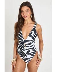 Boohoo - Zebra Print Tummy Control O-Ring Plunge Swimsuit - Lyst