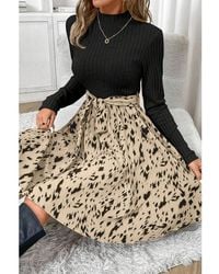 Azura Exchange - Ribbed Knit Long Sleeve Top With Leopard Print Skirt Casual Dress - Lyst