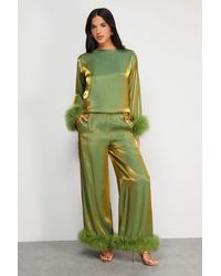 Warehouse - Premium Iridescent Feather Cuff Wide Leg Trousers - Lyst