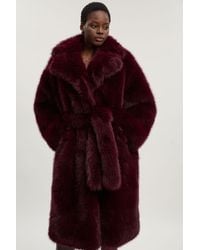 Karen Millen - Textured Faux Fur Belted Long Full Collar Coat - Lyst