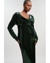 Karen Millen - Plus Size Sequin Plunge Cowl Neck Strong Shoulder Long Sleeve Midi Dress - Lyst