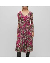 BOSS - Long Sleeved Dress In Plissé Tulle With Seasonal Print - Lyst