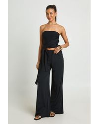 Boohoo - Soft Rib Drape Tie Bandeau And Wide Leg Trouser Coord - Lyst