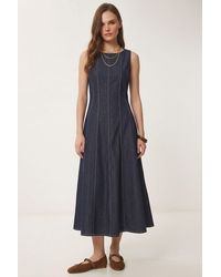 Happiness İstanbul - A-Line Midi Denim Dress With Crew Neck - Lyst