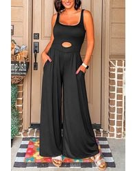 Azura Exchange - Schwarzer Peekaboo Weiter Bein Overall Mit Quadratischem Ausschnitt Und Ärmellos - Lyst