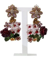 Dolce & Gabbana - Gold Crystal Floral Filigree Bouquet Dangling Clip-on Earrings Brass - Lyst