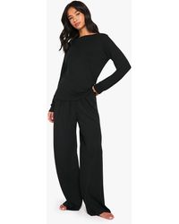 Boohoo - Petite Pointelle Long Sleeve Top And Wide Leg Trouser Pyjama Set - Lyst