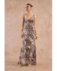 Boohoo - Tonal Zebra Printed Puddle Hem Maxi Dress - Lyst