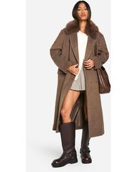 Boohoo - Faux Fur Trim Oversized Double Breasted Wool Look Coat - Lyst