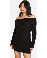 Boohoo - Petite Wide Rib Bardot Neckline Mini Sweater Dress - Lyst