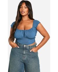 Boohoo - Plus Woven Stretch Ruched Cap Sleeve Corset Top - Lyst