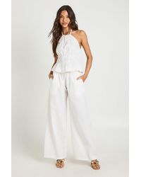Boohoo - Linen Look Shirred Halter Neck Top & Wide Leg Trouser Co-Ord - Lyst