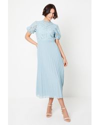 Oasis - Lace Puff Sleeve Pleated Midi Dress - Lyst