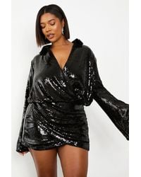 Boohoo - Plus Sequin Draped Flare Sleeve Shirt Dress - Lyst