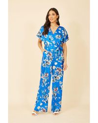Yumi' - Blue Satin Floral Wrap Jumpsuit With Kimono Sleeve - Lyst