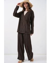 Bigdart - Textured V-Neck Tie Detail Kimono & Wide Leg Pants Set - Lyst