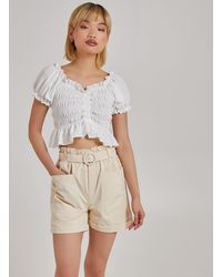 Pink Vanilla - Ruched Puff Sleeve Frill Trim Top - Lyst