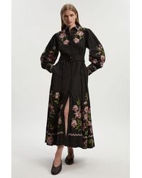Karen Millen - Rose Embroidered Cotton Twill Woven Shirt Dress With Eyelets - Lyst