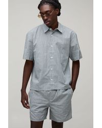BoohooMAN - Micro Check Boxy Oversized Embroidered Shirt & Short Set - Lyst