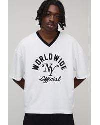 BoohooMAN - Oversized Boxy V-Neck Worldwide Embroidered Ringer Waffle T-Shirt - Lyst