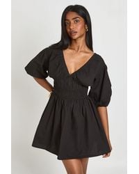 Boohoo - Cotton Poplin Shirred Bodice V Neck Puff Sleeve Mini Dress - Lyst