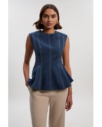 Karen Millen - Tencel Cotton Contrast Zip Up Woven Peplum Top - Lyst