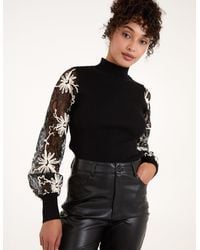 Blue Vanilla - Lace Sleeve High Neck Jumper - Lyst