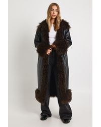 Boohoo - Faux Fur Trim Leather Maxi Coat - Lyst